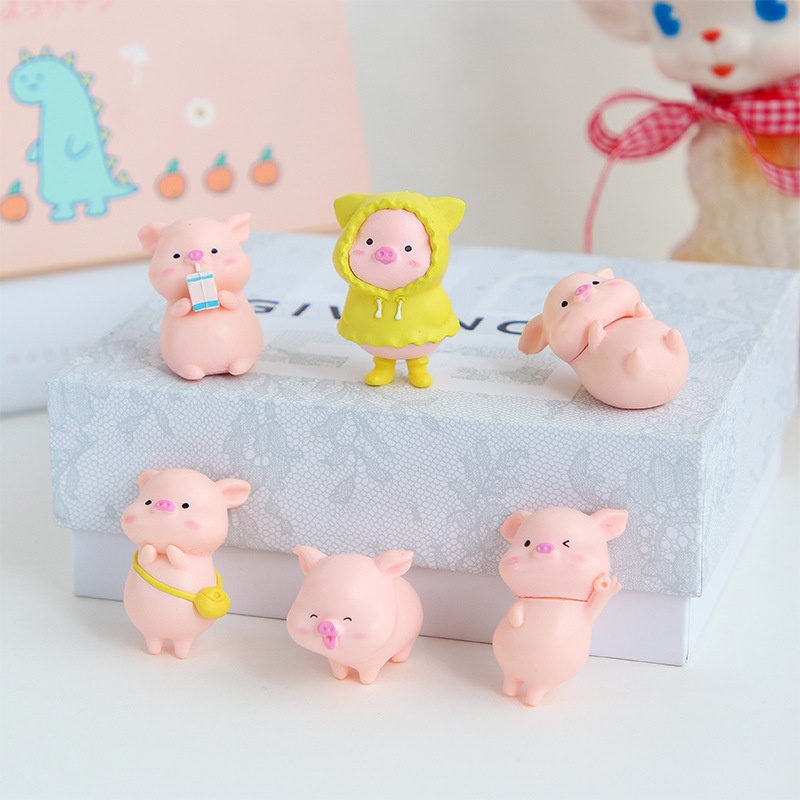 Set 6 mô hình lợn hồng, tượng heo hồng để bàn mini biểu cảm ngộ nghĩnh dễ thương trang trí góc học tập, làm việc