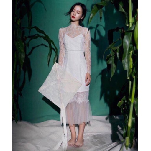 Đầm dự tiệc đuôi cá dài tay sang trọng màu tráng/ Ảnh thật | BigBuy360 - bigbuy360.vn