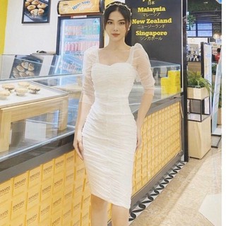 Đầm body trắng nhún phối tay lưới kt