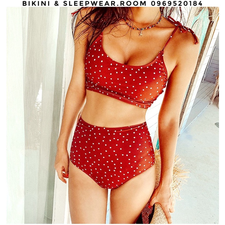 Đồ Bơi Nữ Bikini Hàn Quốc Mới Nhất 2021(Video Thật) 2 Mảnh Có Mút Lót Ngực Màu Đỏ Chấm Bi Cạp Cao Basic Swimwear | BigBuy360 - bigbuy360.vn