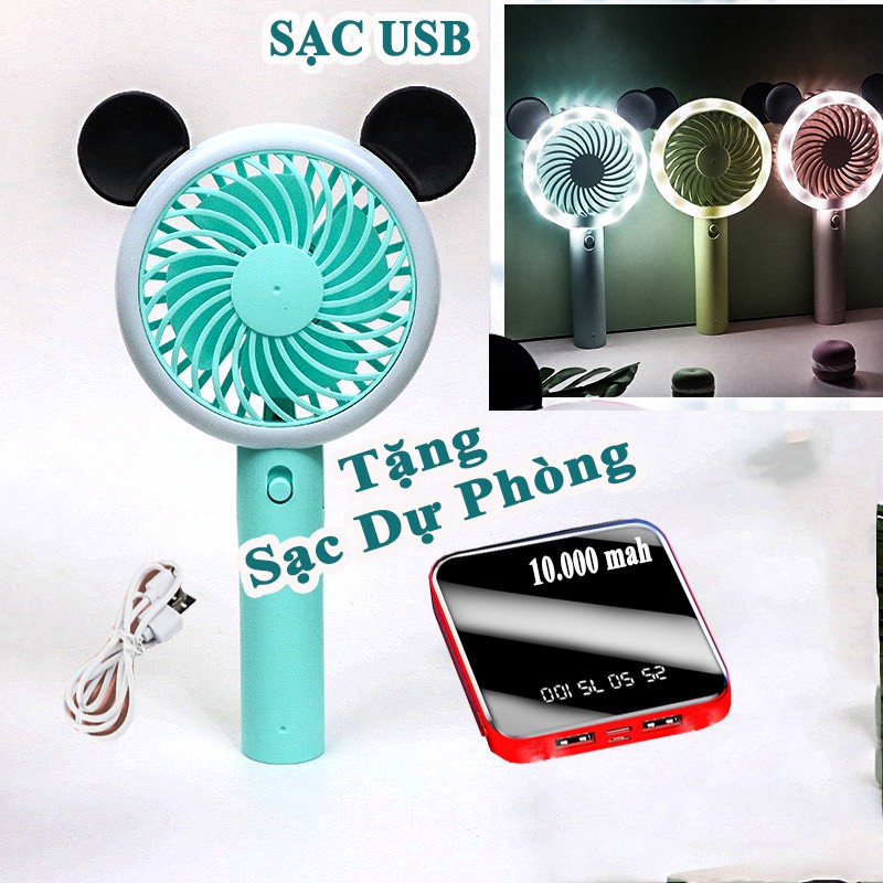 Quạt Tích Điện Mini Cầm Tay Kết Hợp Đèn Led 7 Màu Loại Tốt Pin Lâu 1200mAh Sạc USB Gió Mát