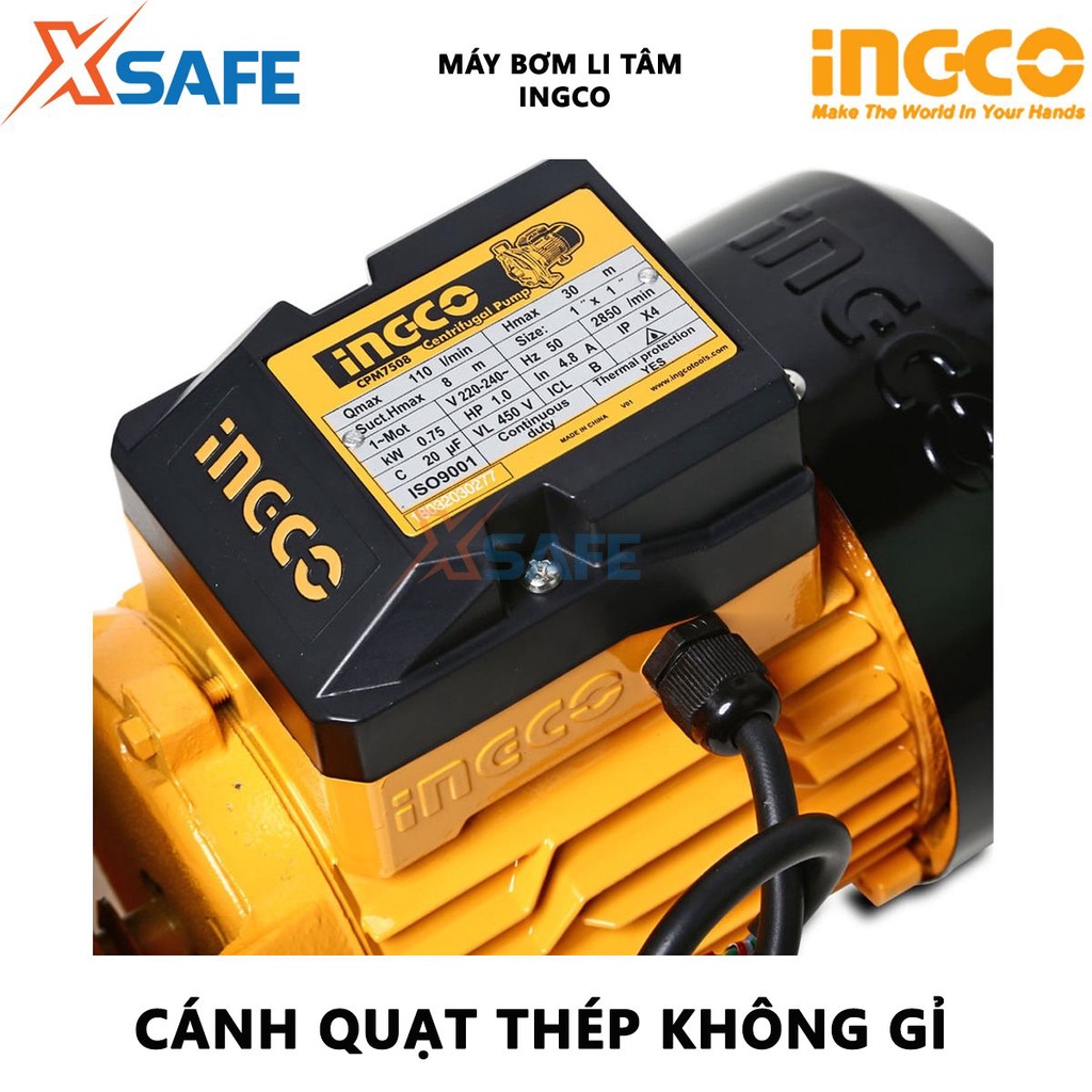 Máy bơm li tâm INGCO CPM7508 Máy bơm nước công suất 750W(1HP), chiều cao bơm tối đa 30m, hút/bơm sâu tối đa 8m - XSAFE