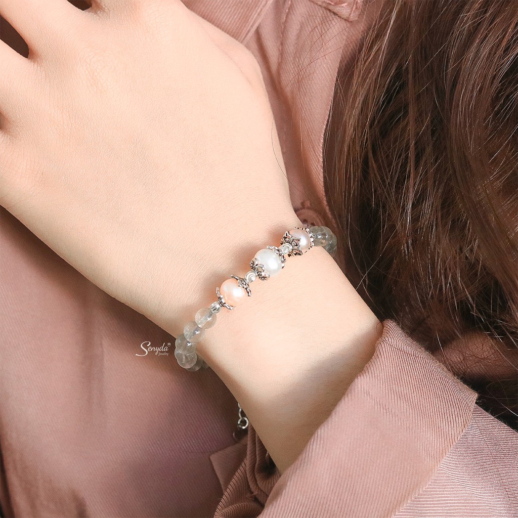 Trang sức Vòng tay BẠC 925 SENYDA Quartz tóc mix hột nước ngọt VT125