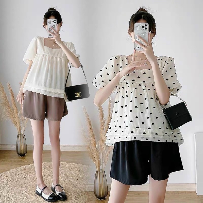 Bộ bầu cổ vuông siêu xinh dáng baggydoltay bồng bánh bèo ,tiểu thưfreesize 43-68kg