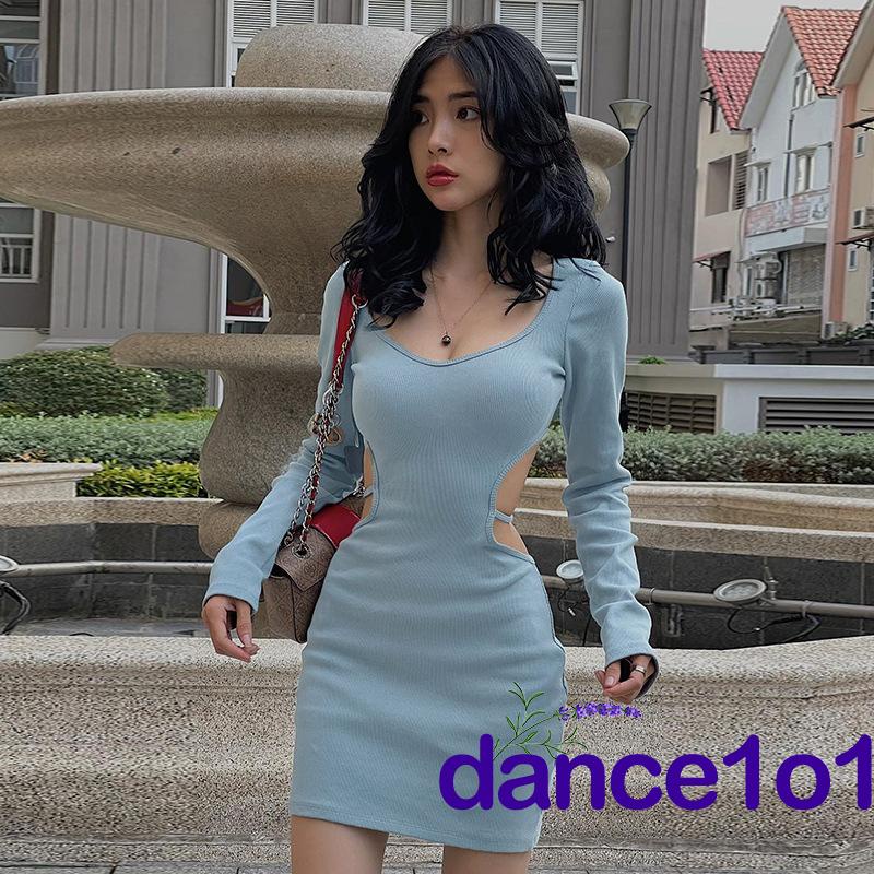 dance1o1-Đầm tay dài cổ chữ v màu trơn thiết kế hở lưng quyến rũ