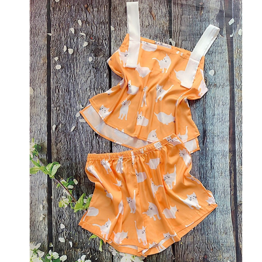 Bộ ngủ lụa đùi áo 2 dây hoạ tiết hình mèo, dưa hấu cao cấp