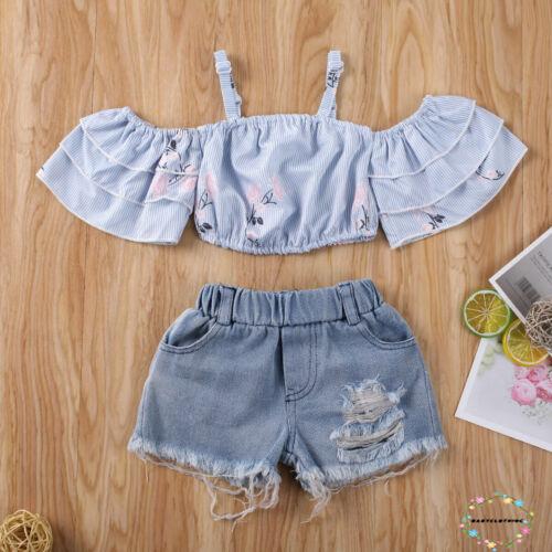 Set Áo Thun Ngắn Tay Và Quần Jean Rách Cá Tính Dành Cho Bé Gái
