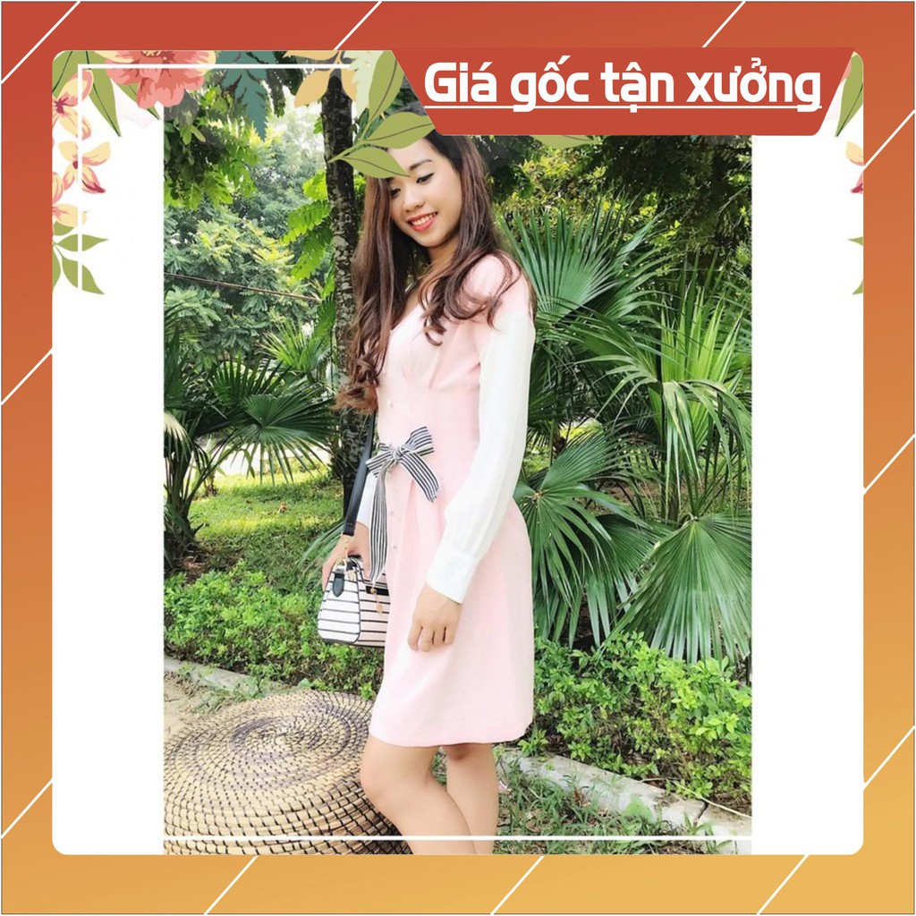 KHUYẾN MÃI Váy suông cổ tròn tay dài nơ eo thời trang trẻ KM