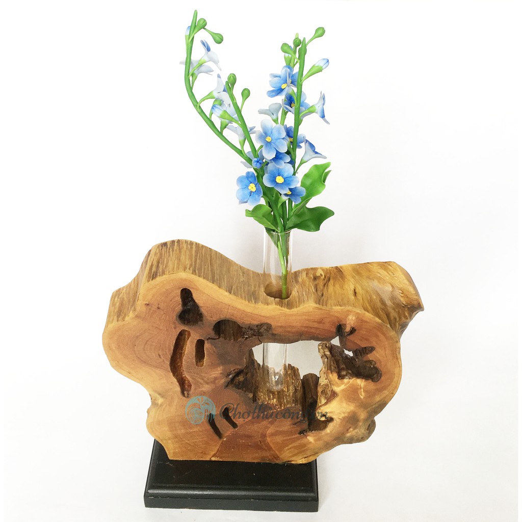 Lọ hoa gỗ lũa tự nhiên có lọ thủy tinh và đế, hình dáng độc đáo dùng làm bình hoa, treo đèn, trang trí sang trọng