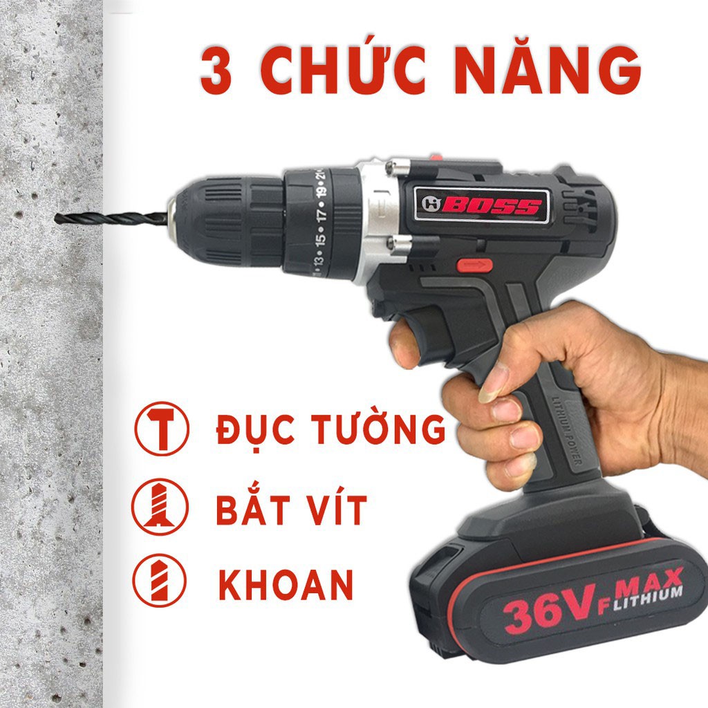 Tặng Mũi Khoan - Máy Khoan Pin Cầm Tay Boss 36V - Máy Khoan Pin Bắn Vít - Khoan tường, khoan sắt, gỗ