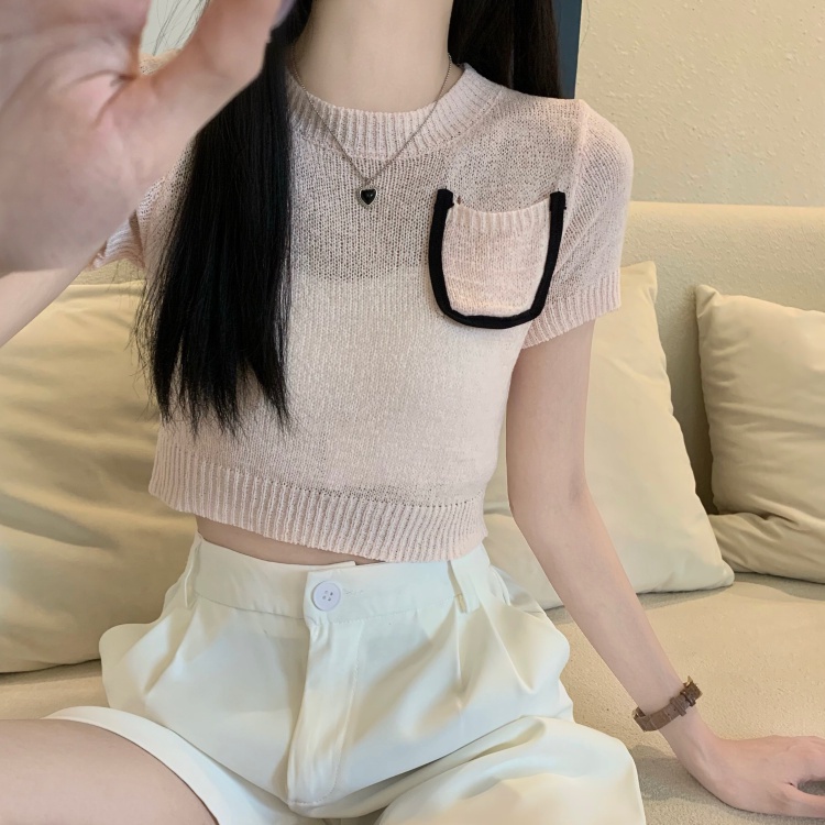 【ZHELIHANGFEI】Áo Dệt Kim Tay Ngắn Cổ Tròn Dễ Phối Đồ Hợp Thời Trang