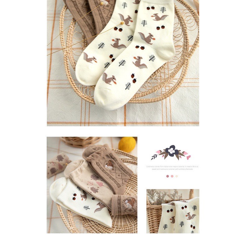 Vớ nữ Muzini tất cổ cao nâu tây họa tiết nhí cực dễ thương TN228