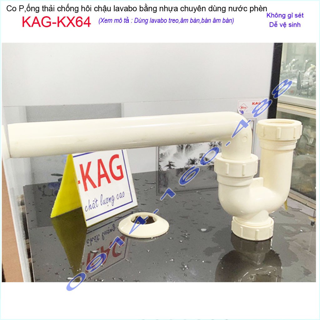 Ống thải lavabo KAG-KX64 nhựa 100%, ống xả co P chậu rửa mặt chống hôi có bầu lắng dễ vệ sinh không gỉ séc siêu bền