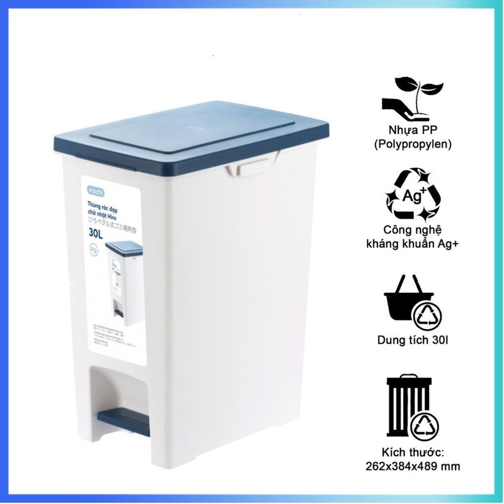 Thùng Rác Nhựa Đạp Chân Nắp Đậy Chữ Nhật HIRO INOCHI, Sọt rác cao cấp inochi có phân tử Ion bạc kháng khuẩn