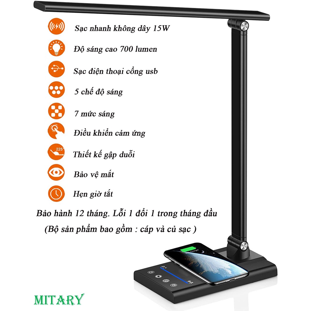 Đèn bàn làm việc, học tập, ngủ LED chống cận thị, điều chỉnh ánh sáng, sạc điện thoại không dây 15W, hẹn giờ