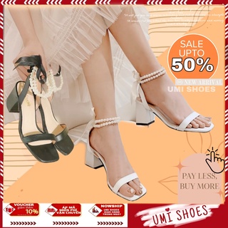 Giày Sandal Cao Gót 7 Phân Nữ Đế Vuông Thắt Cột Nơ Quai Ngọc Châu Soàn Quấn Cổ Chân Siêu Hot Trend Mới Mũi Vuông Đi Chơi