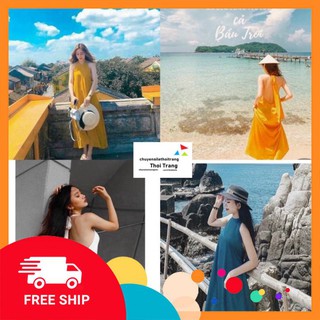 Đầm maxi cổ yếm có đệm ngực sẵn có ảnh thật freeship