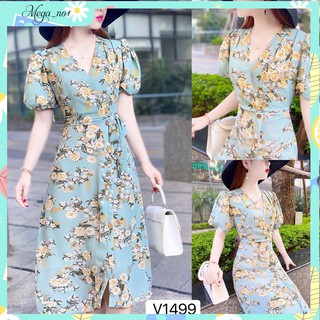 Váy hoa nhí xanh buộc eo, váy nữ dáng xòe dài, tôn dáng V1499