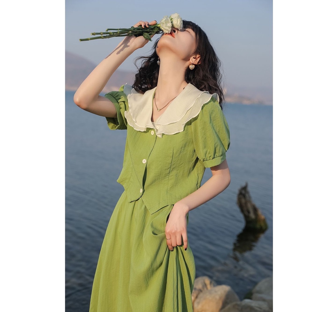 Váy nữ màu xanh lá cây cổ chữ V tay ngắn phong cách đơn giản bộ hai mảnh ulzzang
