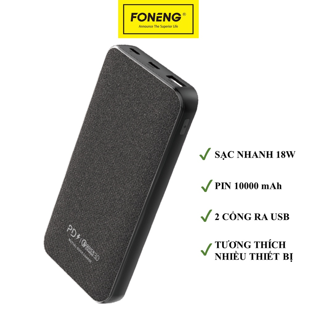 Pin dự phòng FONENG Q18 Sạc nhanh PD + QC 3.0 10000mAh 18W bọc vải Sang Trọng Cá Tính