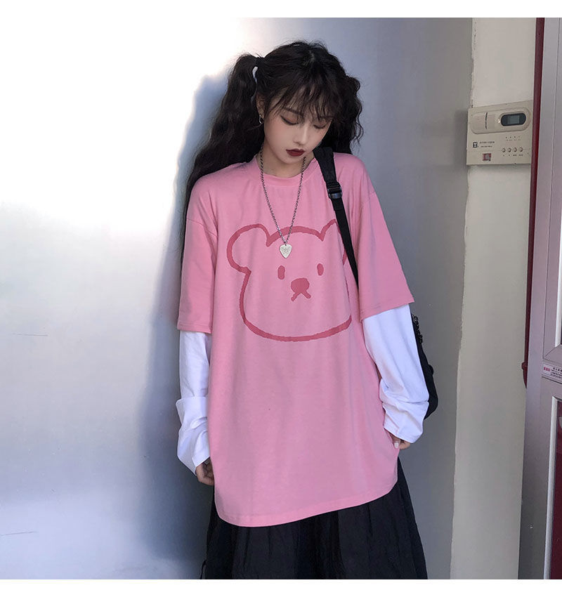 Áo Thun Tay Dài Giả Hai Lớp In Hình Gấu Phong Cách Hàn Quốc Thời Trang Mùa Thu 2020 Cho Nữ