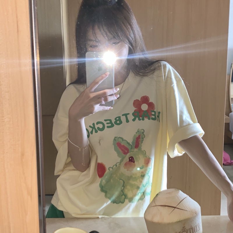 Áo thun SUXI tay ngắn dáng rộng in họa tiết chữ hoạt hình phong cách Hàn Quốc thời trang mùa hè cho nữ