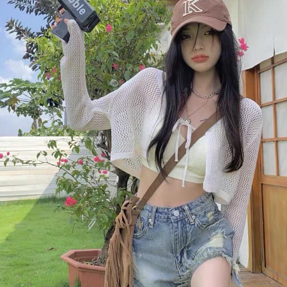 Áo cadigan len mỏng khoác ngoài đi biển phong cách Hàn Quốc. Cadigan len mỏng hoạ tiết to kèm dây buộc nhiều màu HOTHIT