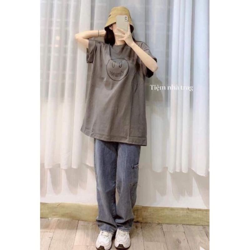 Áo Thun Cotton Unisex Cổ Tròn Mặt Cười Form Rộng Tay Lỡ