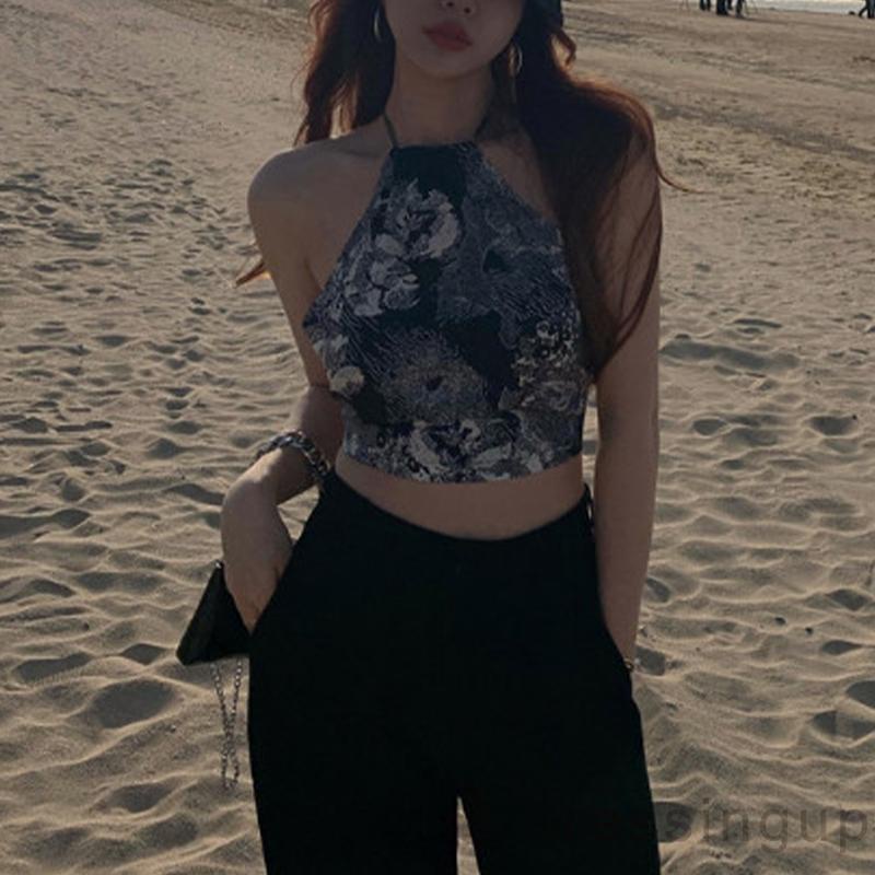 DRE-Women´s Summer Sleeveless Vest, Pattern Printed Hanging Neck Tank Tops