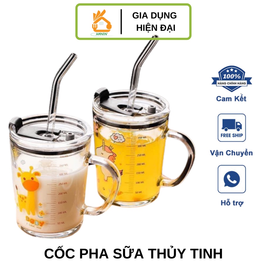 CỐC PHA SỮA THUỶ TINH CHIA VẠCH SIÊU TIỆN LỢI CÓ NẮP VÀ ỐNG HÚT CHO BÉ