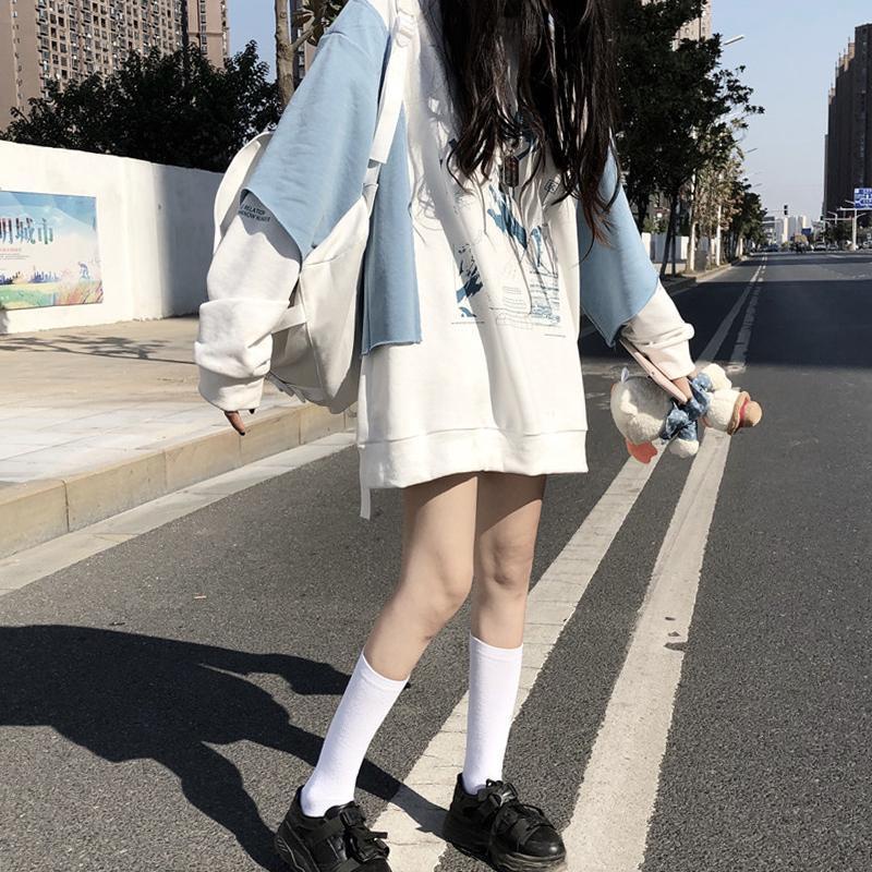 Áo hoodie tay dài giả hai lớp phong cách Hàn Quốc cho nữ