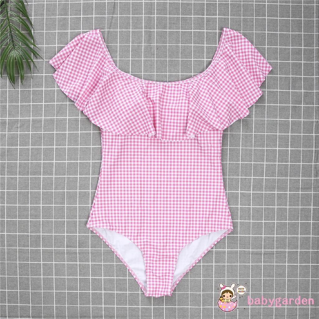 E.A-2019 Parent-child Swimsuit Mom Kids Checkered Leotard Bikini Beach Swimwear