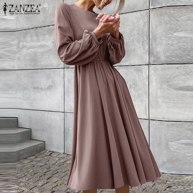 Đầm maxi ZANZEA tay dài cổ tròn phong cách châu Âu thời trang cho nữ