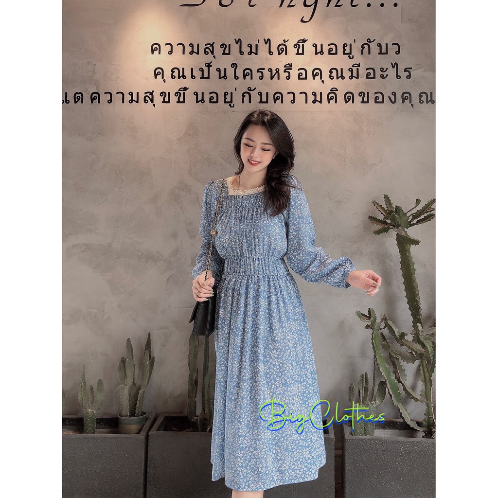 Váy đầm bigsize hoa nhí màu xanh BigClothes thiết kế cổ vuông sang chảnh thoáng mát từ 45kg đến 75kg BC017