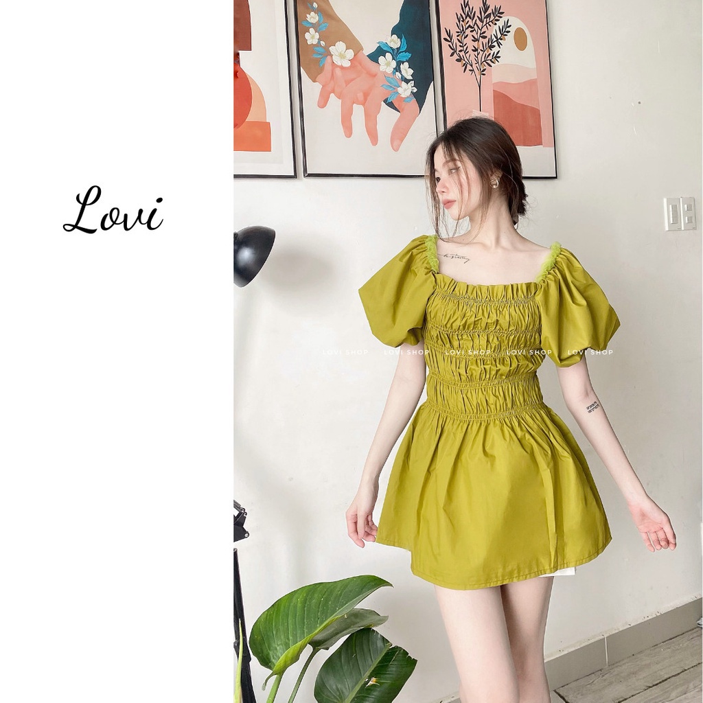 LOVI SHOP- Áo kiểu nữ ngắn tay nhún ngực bẹt vai tay phồng cổ vuông nhiều màu