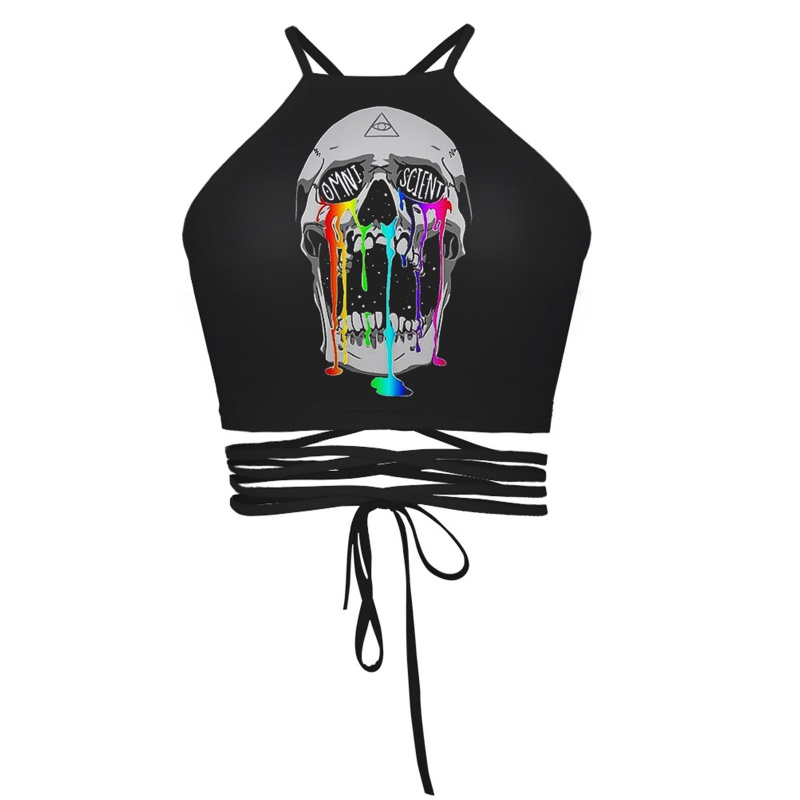 Áo croptop hở lưng cột dây in hình bàn tay đầu lâu 3D gợi cảm cho nữ