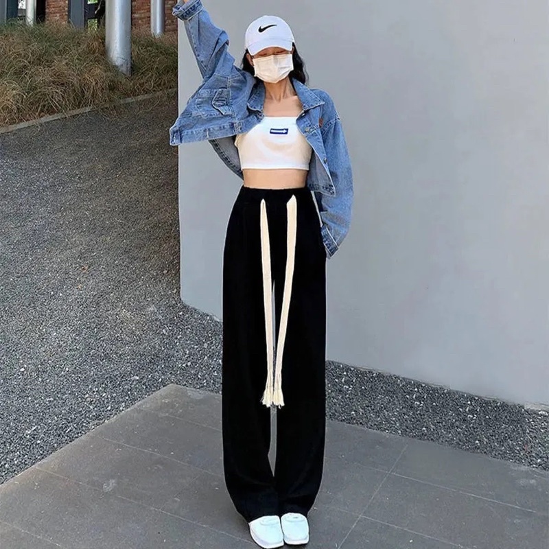 Quần Vải Ống Suông Nam Nữ Màu Đen Có Dây Rút Buộc Cạp Chun Phom Unisex Phong Cách Ulzzang Hàn Quốc Chất Mát Hot Trend
