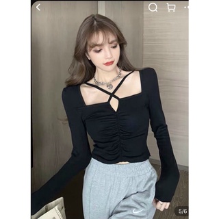 Áo kiểu croptop tay dài cổ vuông chít phối dây cho nữ