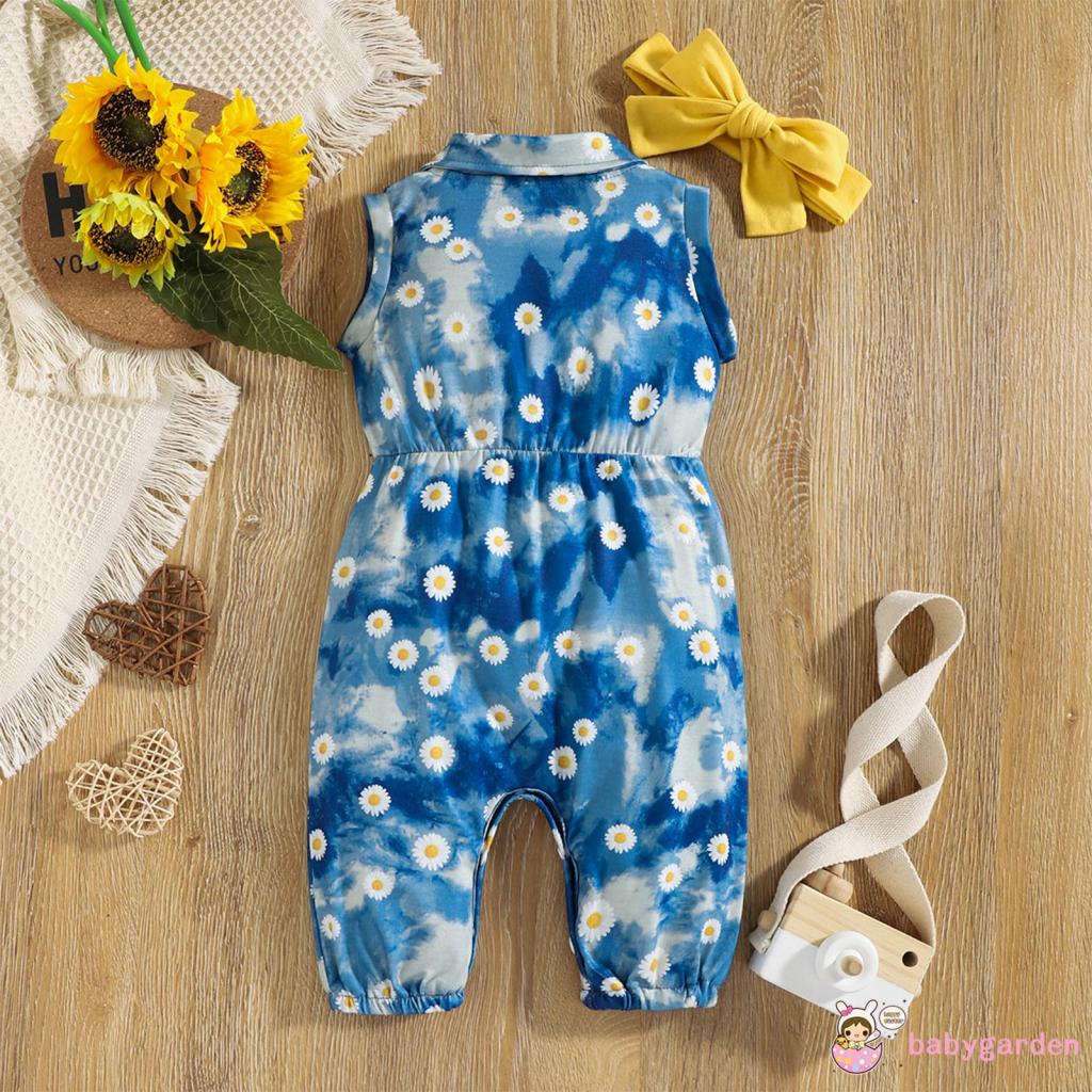 Bộ áo liền quần không tay in hoa cúc kèm băng đô dành cho bé gái 0-18 tháng tuổi
