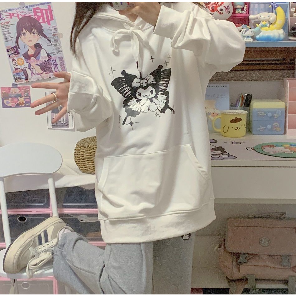 > Áo Nỉ Nhật Bản > Áo Khoác Dày Dặn Phong Cách Học Sinh Nhật Bản In Hình Kuromi Màu Tối Thời Trang Thu Đông