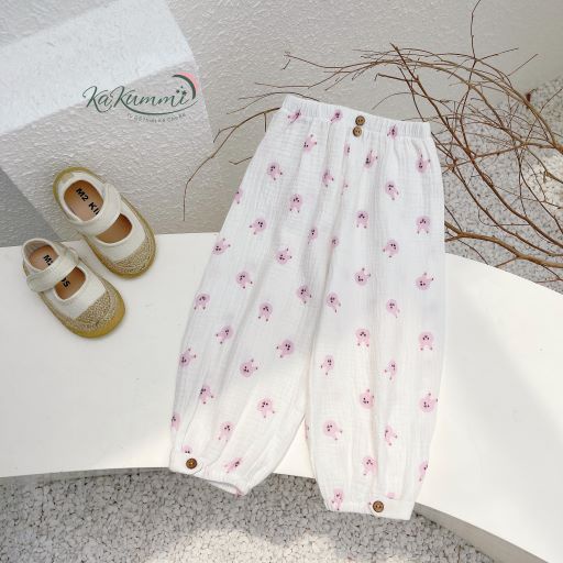Quần bom xô muslin họa tiết cho bé, quần bom trẻ em bo chun 3QU128 Kakummi