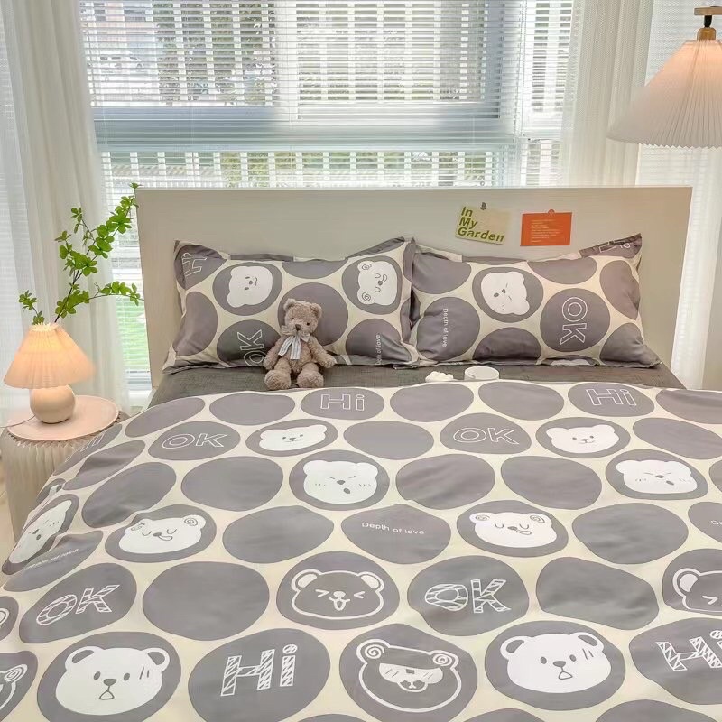 set chăn ga gối poly gấu tròn xám