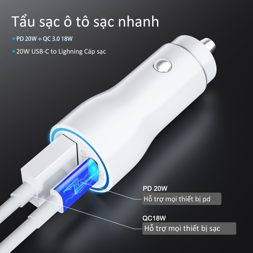 Anytrox Tẩu sạc ô tô sạc nhanh PD 20W QC 18W QC 3.0 USB type c to lighning sạc siêu nhanh 3.0A sạc xe hơi