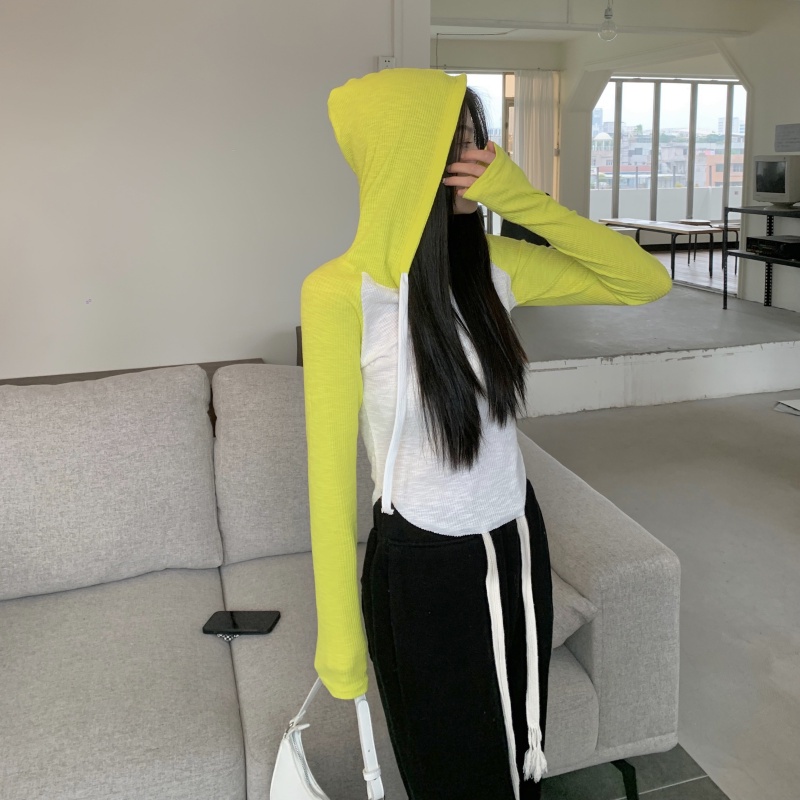 Áo Thun Tay Dài Có Mũ Phối Màu Tương Phản Thời Trang Mùa Hè Dễ Phối Đồ Cho Nữ