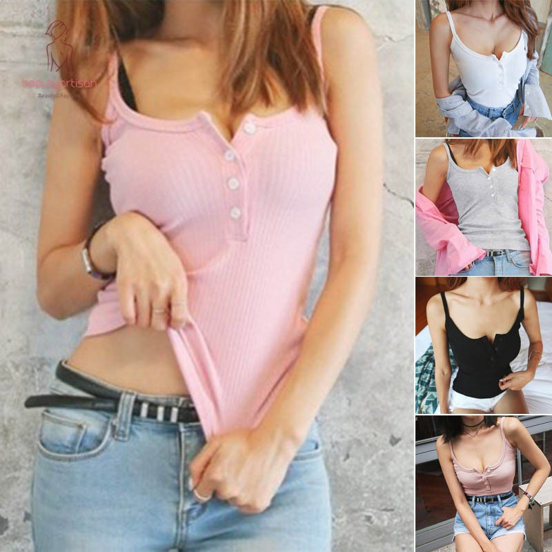 Áo Tank Top Sát Nách Phối Nút Trước Thiết Kế Khoét Sâu Quyến Rũ