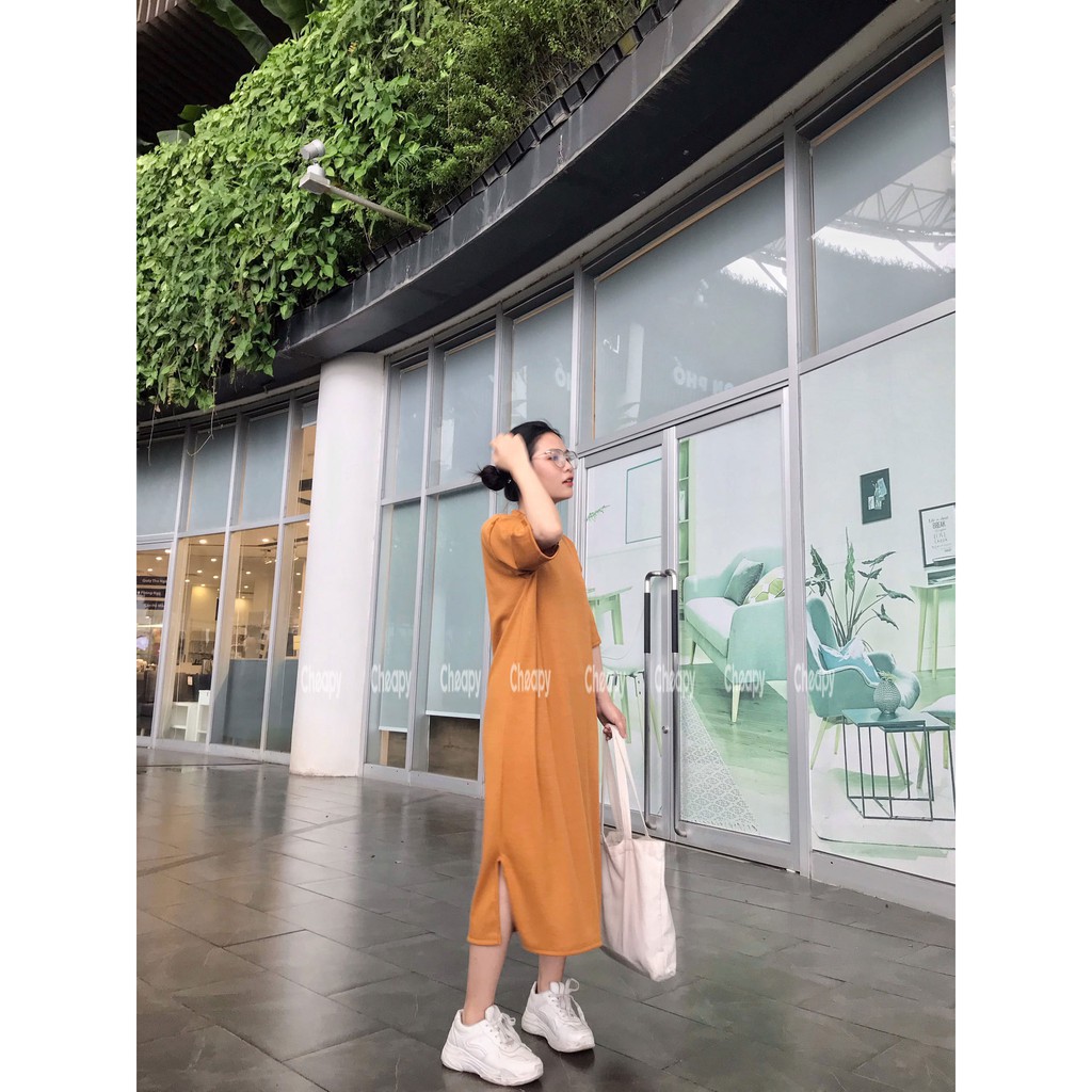 Váy thun tăm suông xẻ tà chất len tăm co giãn dáng suông - Váy đầm nữ dáng suông cộc tay freesize phom rộng C64 | BigBuy360 - bigbuy360.vn