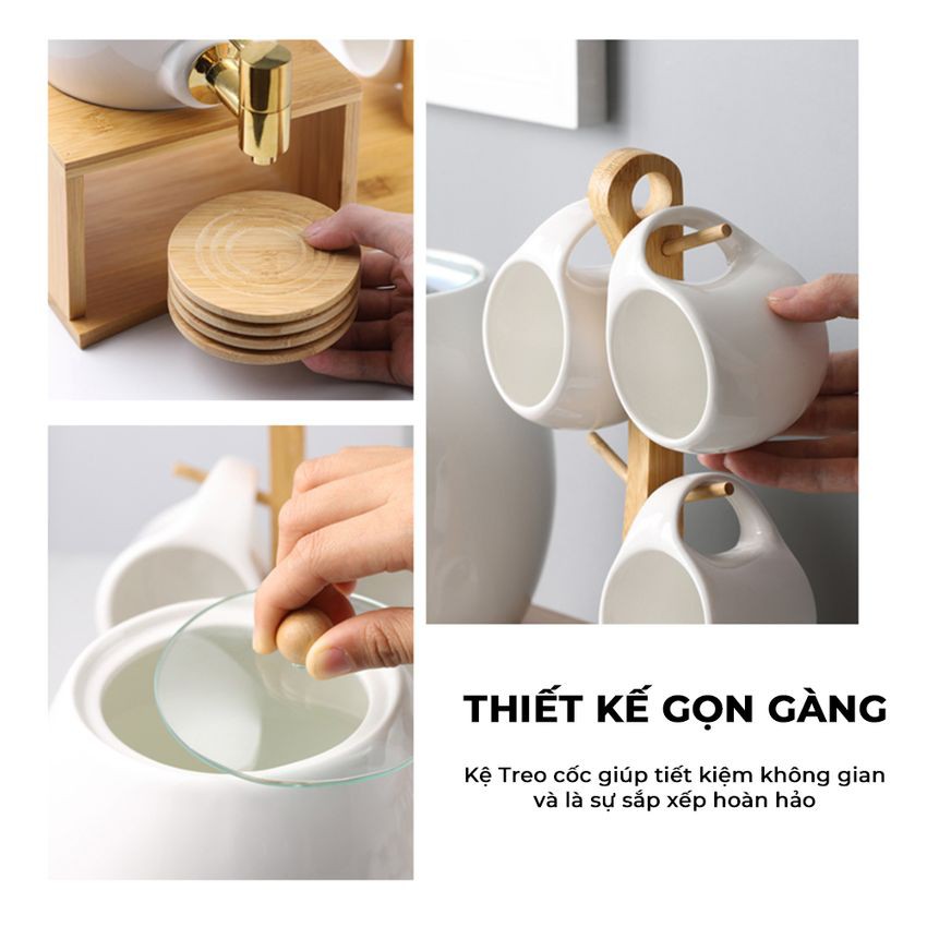 Bộ bình trà chum sứ hoàng gia, Bộ trà chum sứ xanh cổ vịt viền vàng phong cách Bắc Âu sang trọng
