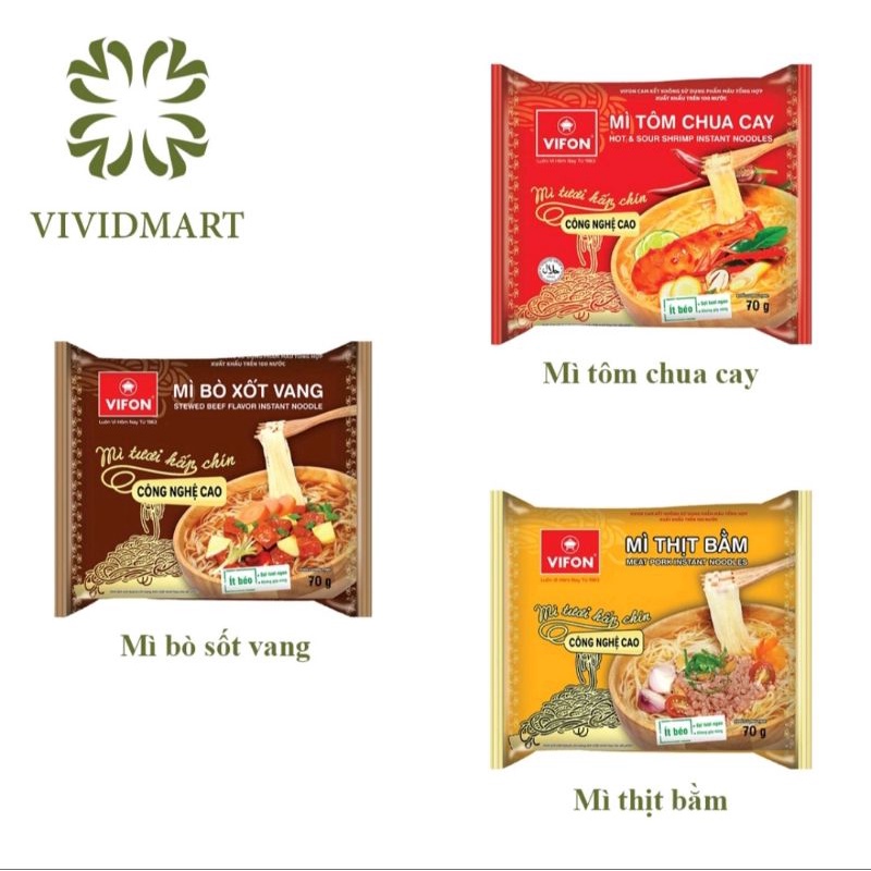 Mì Vifon hấp chín 3 vị Tôm Chua cay, Bò Sốt Vang, Thịt Bằm gói 70g