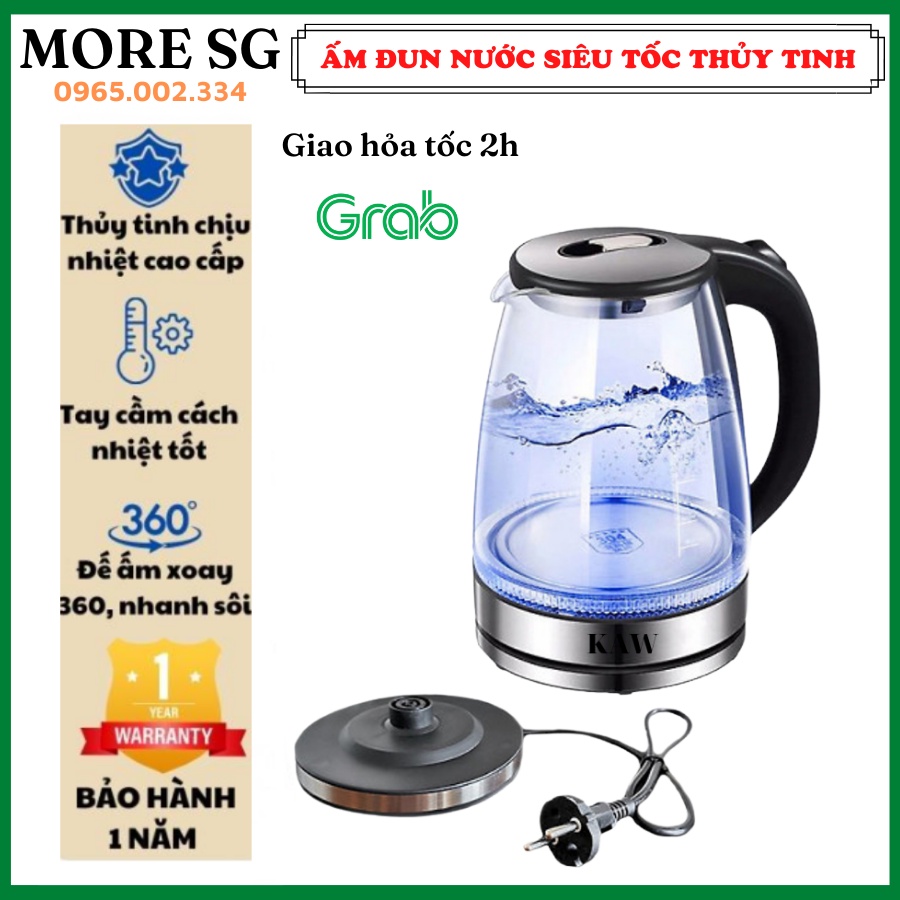Ấm đun siêu tốc, Ấm siêu tốc thủy tinh KAW RK1818 thân làm bằng chất liệu An Toàn Cao Cấp, Có đèn LED Xanh