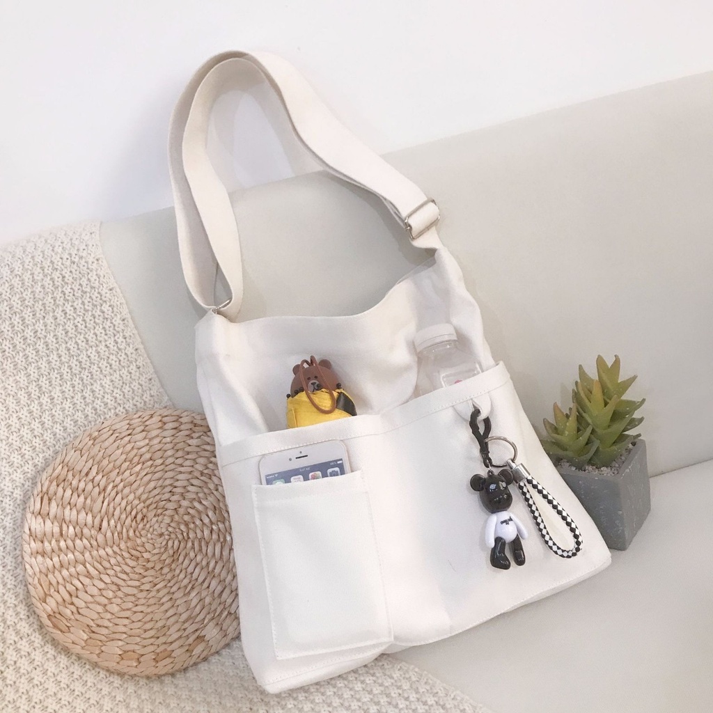 TÚI TOTE ĐEO CHÉO 4 NGĂN VẢI CANVAS PHONG CÁCH ULZZANG UNISEX - XUONGMAITNT